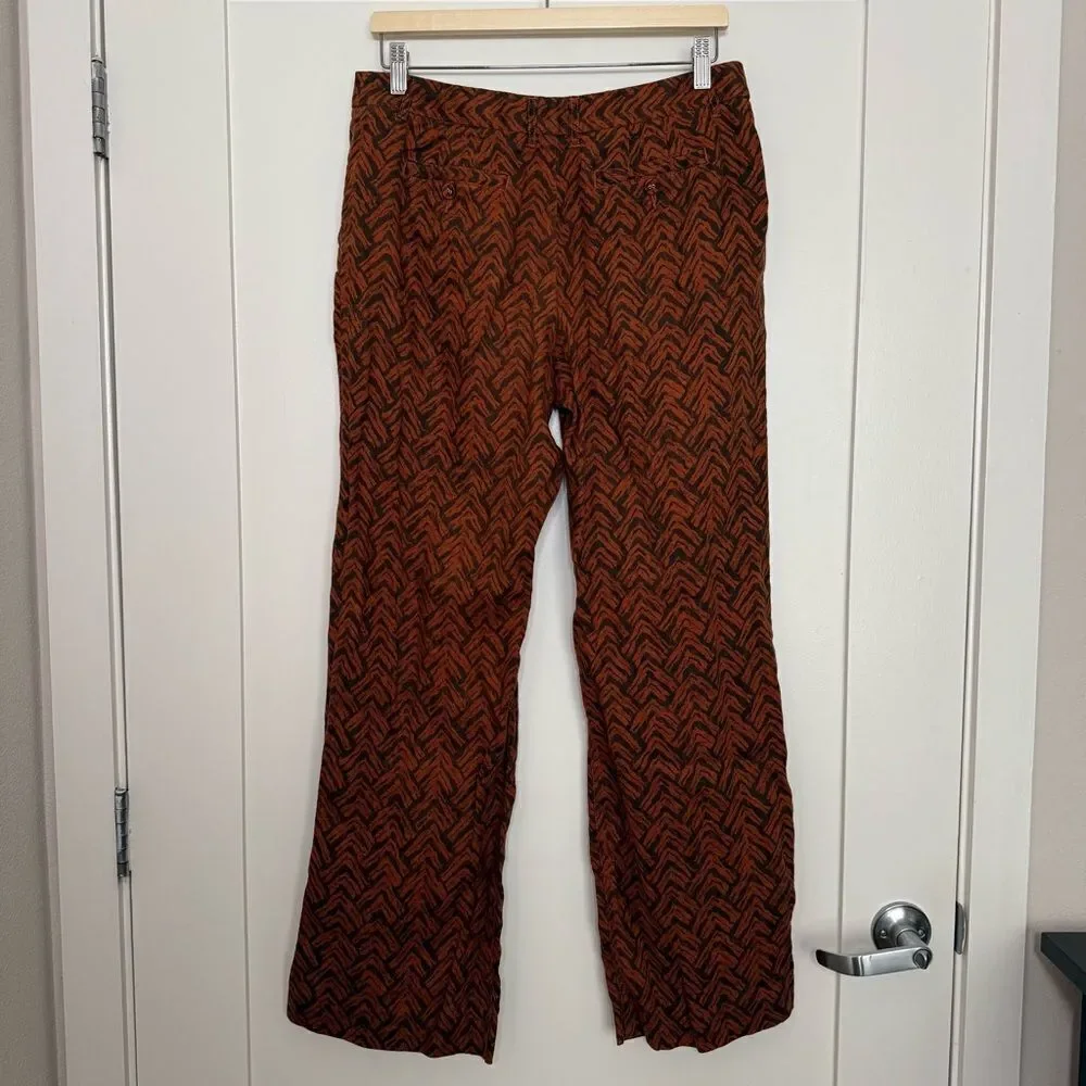 Garnet Hill Pants Womens Sz 8 Orange Rust 100% Linen Chevron Print Wide Leg Boho